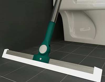 Household Cleaning Mop With Green Handle And White Mop Head On Tile Floor 3d model