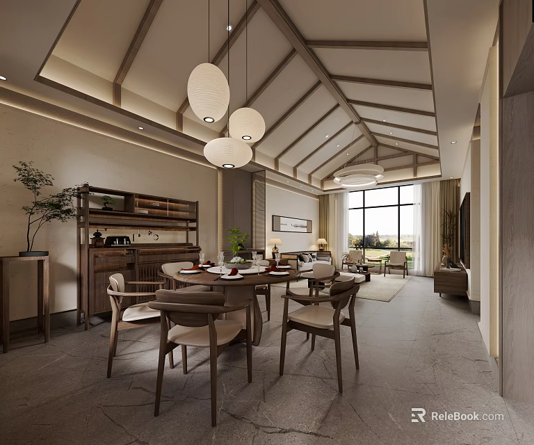 Traditional Dining and Living Room with Wooden Ceiling Pendant Lights and Large Windows 3d model 