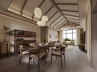 Traditional Dining and Living Room with Wooden Ceiling Pendant Lights and Large Windows 3d model
