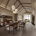 Traditional Dining and Living Room with Wooden Ceiling Pendant Lights and Large Windows