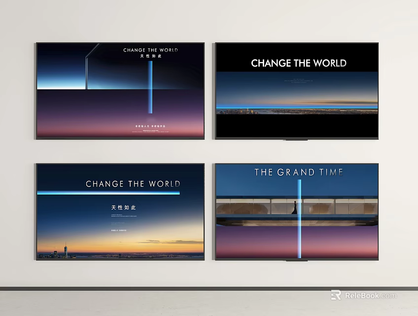 TV Sets Displaying Varied Scenes And Text 3d model