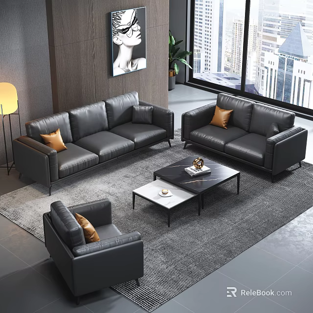 Modern Grey Leather Sofa Coffee Table Set With Orange Cushions In Living Room 3d model 