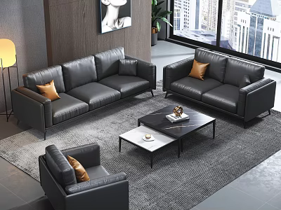 Modern Grey Leather Sofa Coffee Table Set With Orange Cushions In Living Room 3d model