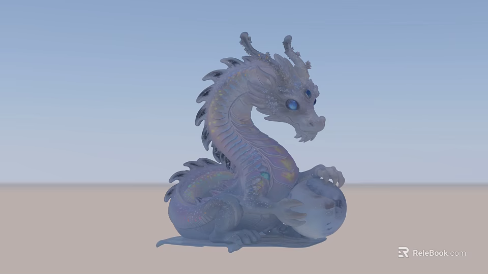White Dragon Sculpture With Iridescent Scales And Blue Eyes Holding Egg Decor 3d model 