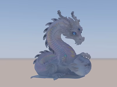 White Dragon Sculpture With Iridescent Scales And Blue Eyes Holding Egg Decor 3d model