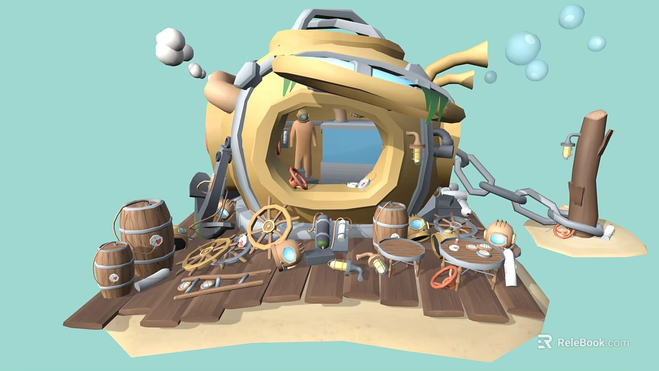 Cartoon Scene with Yellow Structure Window Humanoid Character Wooden Barrels Gears Tools on Wooden Platform 3d model 