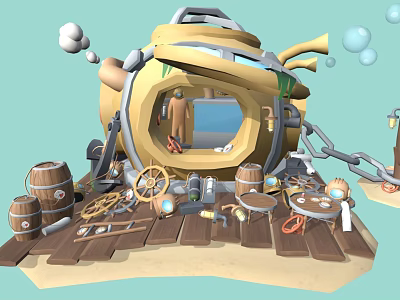 Cartoon Scene with Yellow Structure Window Humanoid Character Wooden Barrels Gears Tools on Wooden Platform 3d model