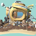 Cartoon Scene with Yellow Structure Window Humanoid Character Wooden Barrels Gears Tools on Wooden Platform