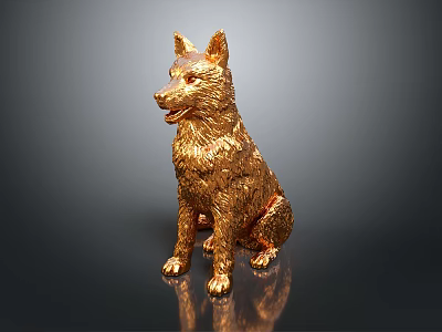 Detailed Golden Sitting Dog Statue With Textured Surface On Dark Background 3d model