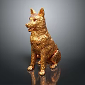 Detailed Golden Sitting Dog Statue With Textured Surface On Dark Background