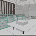 Mineral Specialty Store With Green Display Cases White Interior And Shelves Of Items