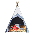 Cozy Blue And White Kids Tent With Star Moon Pillows And Soft Mat