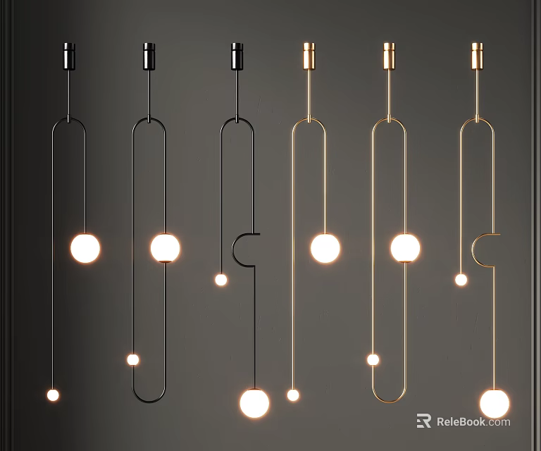 Modern Minimalist Pendant Lights With Black And Gold Curved Metal Frames And Round Bulbs 3d model 
