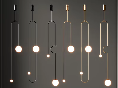 Modern Minimalist Pendant Lights With Black And Gold Curved Metal Frames And Round Bulbs 3d model