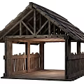 Rustic Wooden Shed With Sloped Shingle Roof And Wooden Rail Fence In Traditional Design