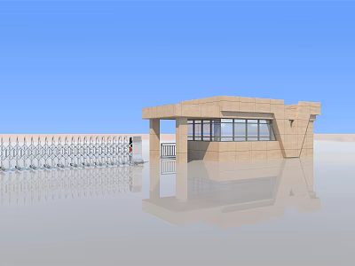 Modern Entrance Building With Fence Gate Large Windows And Reflection Under Blue Sky 3d model