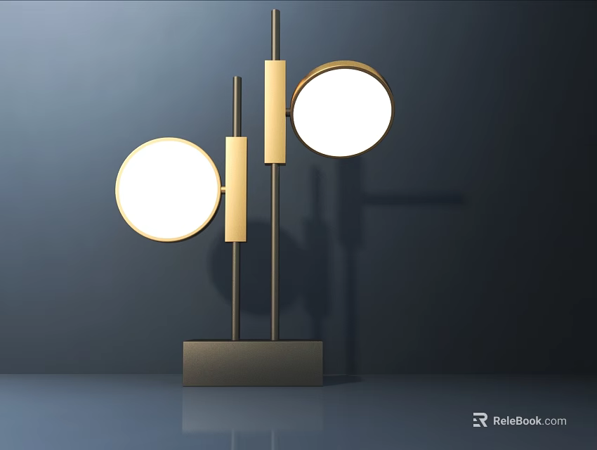 Modern Table Lamp With Two Circular Lights Golden Poles And Square Base 3d model