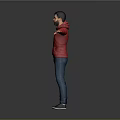 Man In Red Hoodie And Blue Jeans With Arms Outstretched Against Gray Background