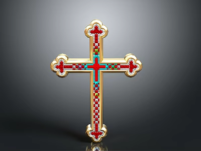 Intricate Golden Cross Sculpture With Red And Blue Decorative Carvings 3d model