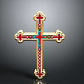 Intricate Golden Cross Sculpture With Red And Blue Decorative Carvings