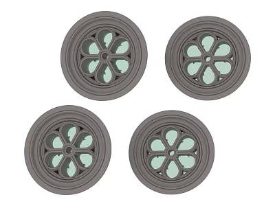 Four Circular Carved Windows with Intricate Patterns and Green Glass in Traditional Design 3d model