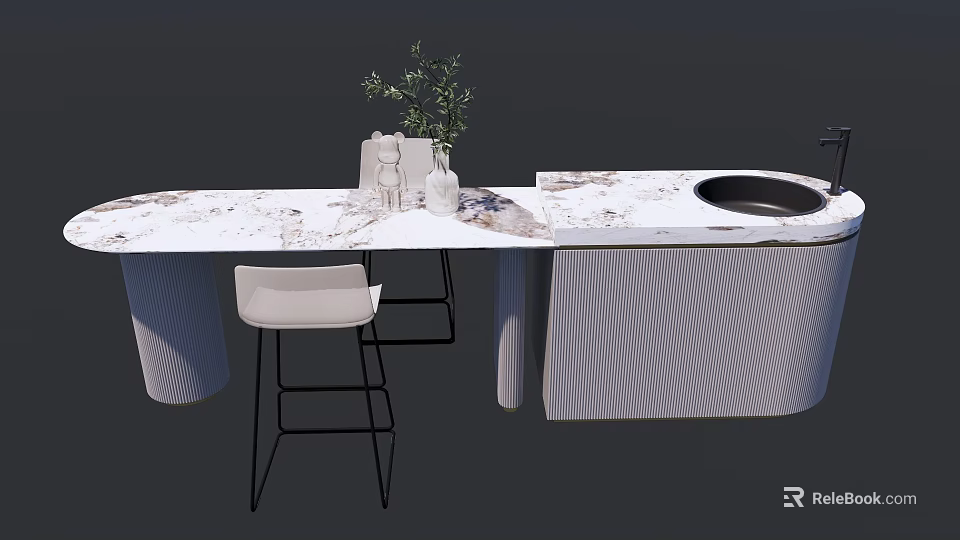 Modern Bar Counter With Marble Top Green Plant Decoration And Striped Base 3d model 
