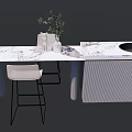 Modern Bar Counter With Marble Top Green Plant Decoration And Striped Base
