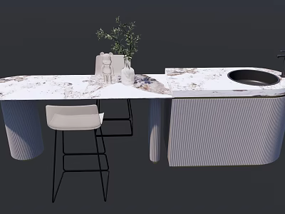 Modern Bar Counter With Marble Top Green Plant Decoration And Striped Base 3d model