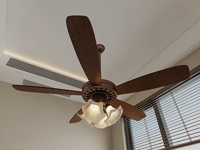 Ceiling Fan Light With Wooden Blades And White Lampshade In Room With Window Blinds 3d model