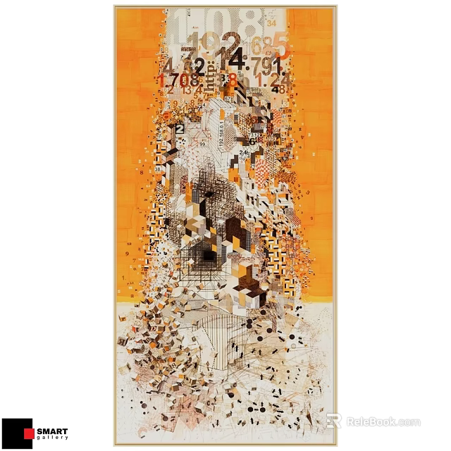 Abstract Number Pattern Photo Frame with Orange Background and Geometric Elements 3d model 