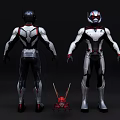 Game Movie Character Armored Suits Front Back Views With Small Ant Companion