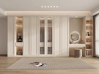 Modern Light Colored Wardrobe With Glass Doors Dressing Table And Storage Space 3d model