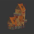 3D Model Of Multi Story Building With Pointed Roof Orange Brown Exterior And Stone Base