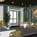 Elegant Restaurant Interior With Green Walls Wooden Ceiling Rattan Chairs And White Tablecloths