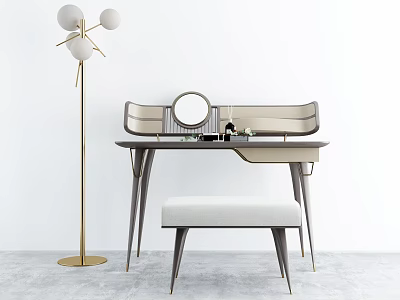 Elegant Modern Vanity Dressing Table With Round Mirror Stool And Gold Floor Lamp 3d model
