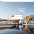 Modern Curved Wooden Architecture Design With Waterfront Reflection And Blue Sky
