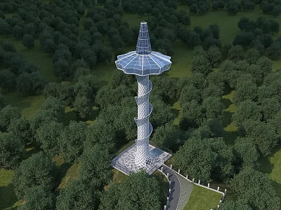 Spiral Glass Top Tower Surrounded by Lush Green Forest and Pathway 3d model