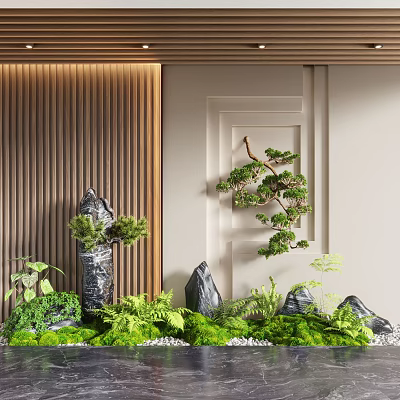 Wooden Feature Wall Design With Green Plants Stone Decorations And Warm Lighting 3d model