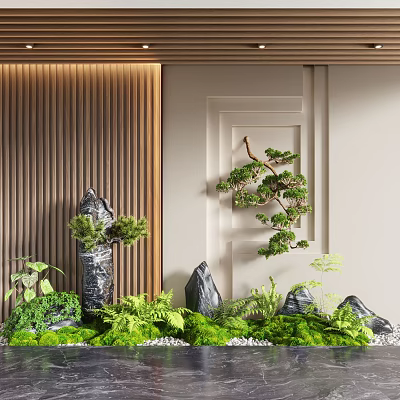 Wooden Feature Wall Design With Green Plants Stone Decorations And Warm Lighting 3d model