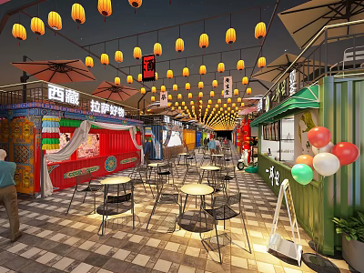 Lively Urban Food Court With Hanging Red Lanterns Western Restaurant Pizza Steak Container Shops Tables And Chairs 3d model