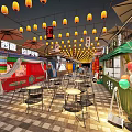 Lively Urban Food Court With Hanging Red Lanterns Western Restaurant Pizza Steak Container Shops Tables And Chairs