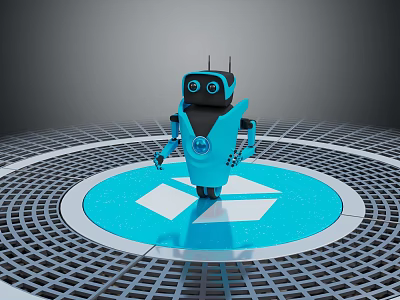 Blue And Black Robot Character Standing On Glowing Circular Platform With Grid Floor 3d model