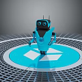 Blue And Black Robot Character Standing On Glowing Circular Platform With Grid Floor 3d model