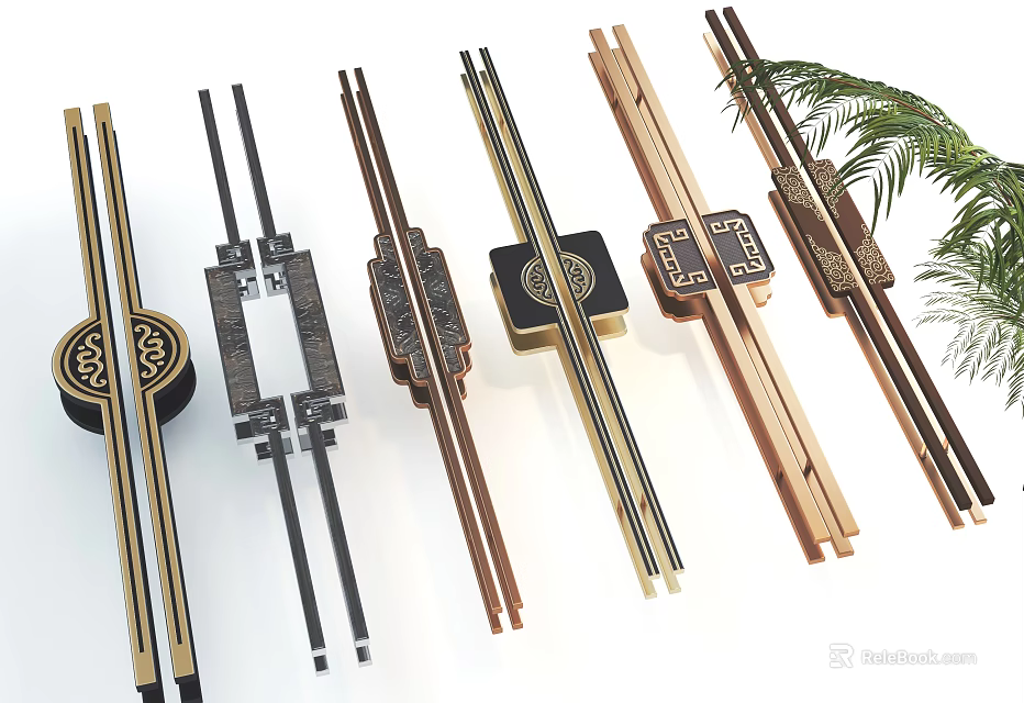 Diverse Stylish Furniture Handles With Metal Wooden Materials And Ornate Carved Patterns 3d model 