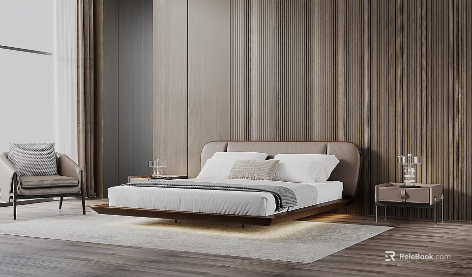Modern Double Bed With Wooden Wall Light Colored Sheets Nightstands And LED Lights Under Bed 3d model 