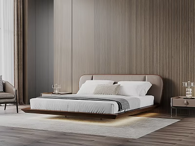 Modern Double Bed With Wooden Wall Light Colored Sheets Nightstands And LED Lights Under Bed 3d model