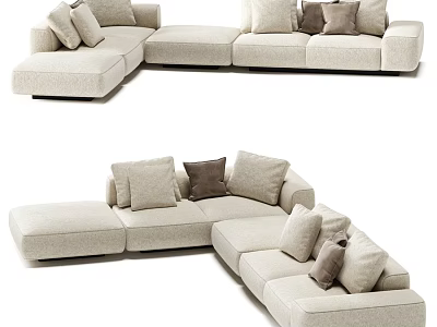 Beige L Shaped Double Sofa With Multiple Cushions And Modern Design 3d model