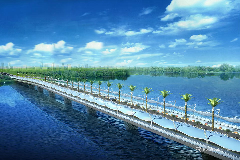 Scenic Bridge Over Blue Water With Palm Trees Green Vegetation Blue Sky And White Clouds 3d model 