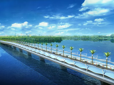 Scenic Bridge Over Blue Water With Palm Trees Green Vegetation Blue Sky And White Clouds 3d model