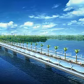 Scenic Bridge Over Blue Water With Palm Trees Green Vegetation Blue Sky And White Clouds